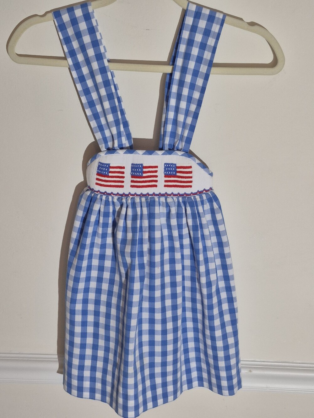 Blue Gingham Pinafore Dress with Flag Embroidery